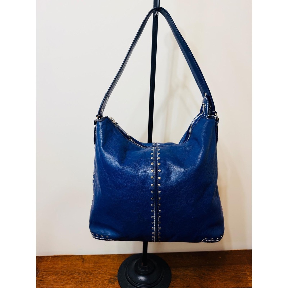 Michael Kors Blue Leather Studded Hobo Shoulder Bag Silver Hardware Y2K Vinage